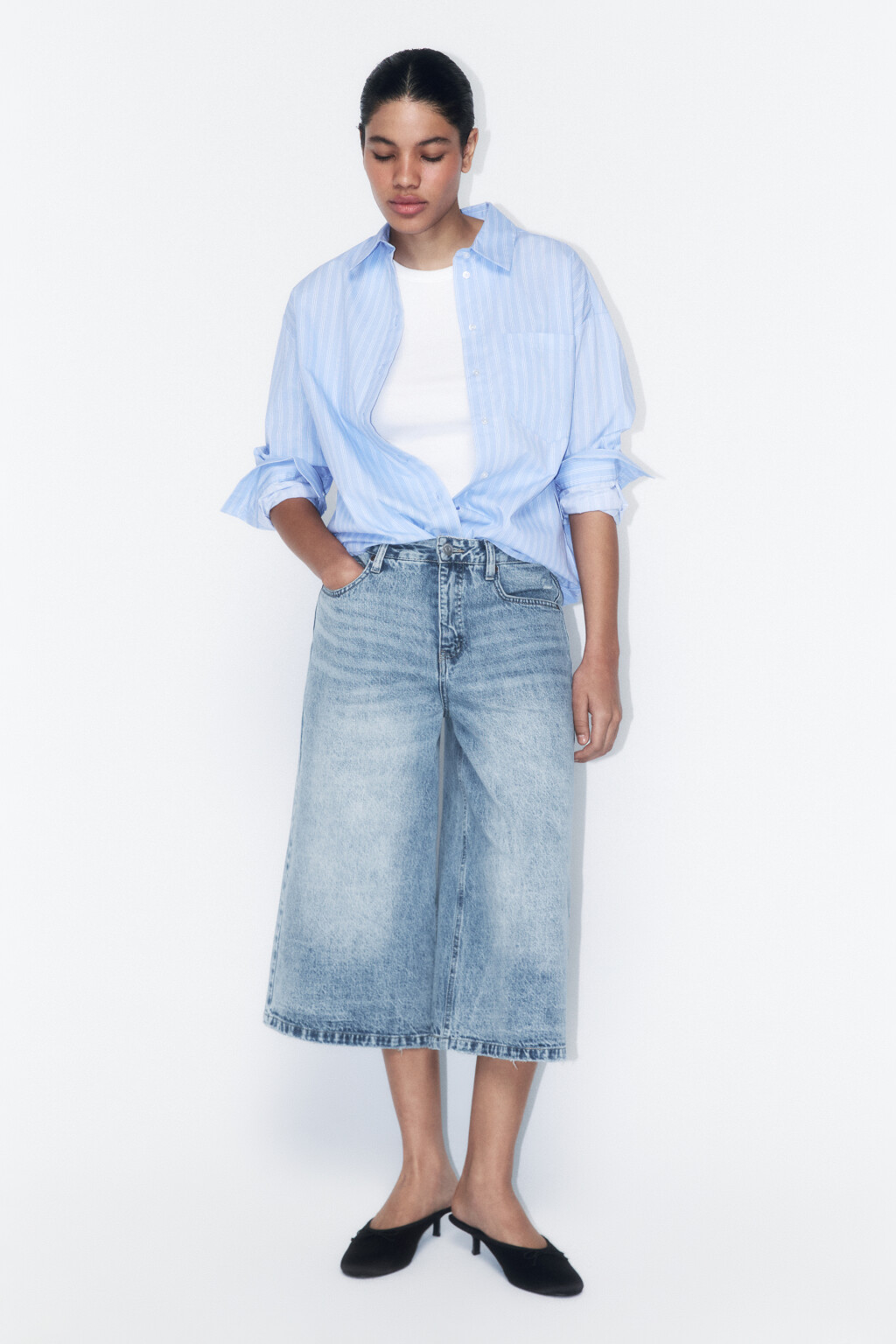 Рубашка oversize в полоску с карманом - цвет голубой - 5