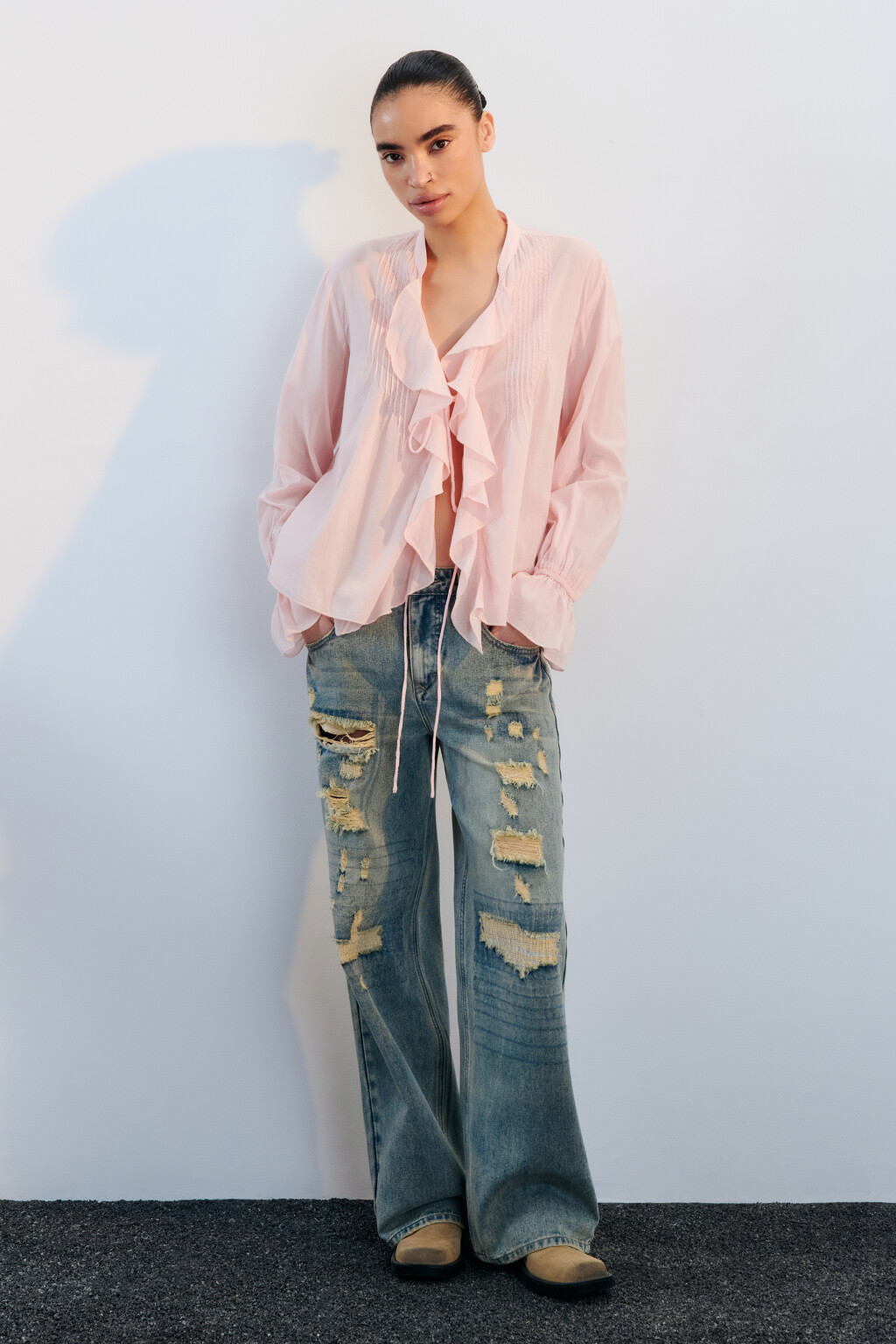 Блузка хлопковая на завязках с воланами - цвет оранжевый - 4