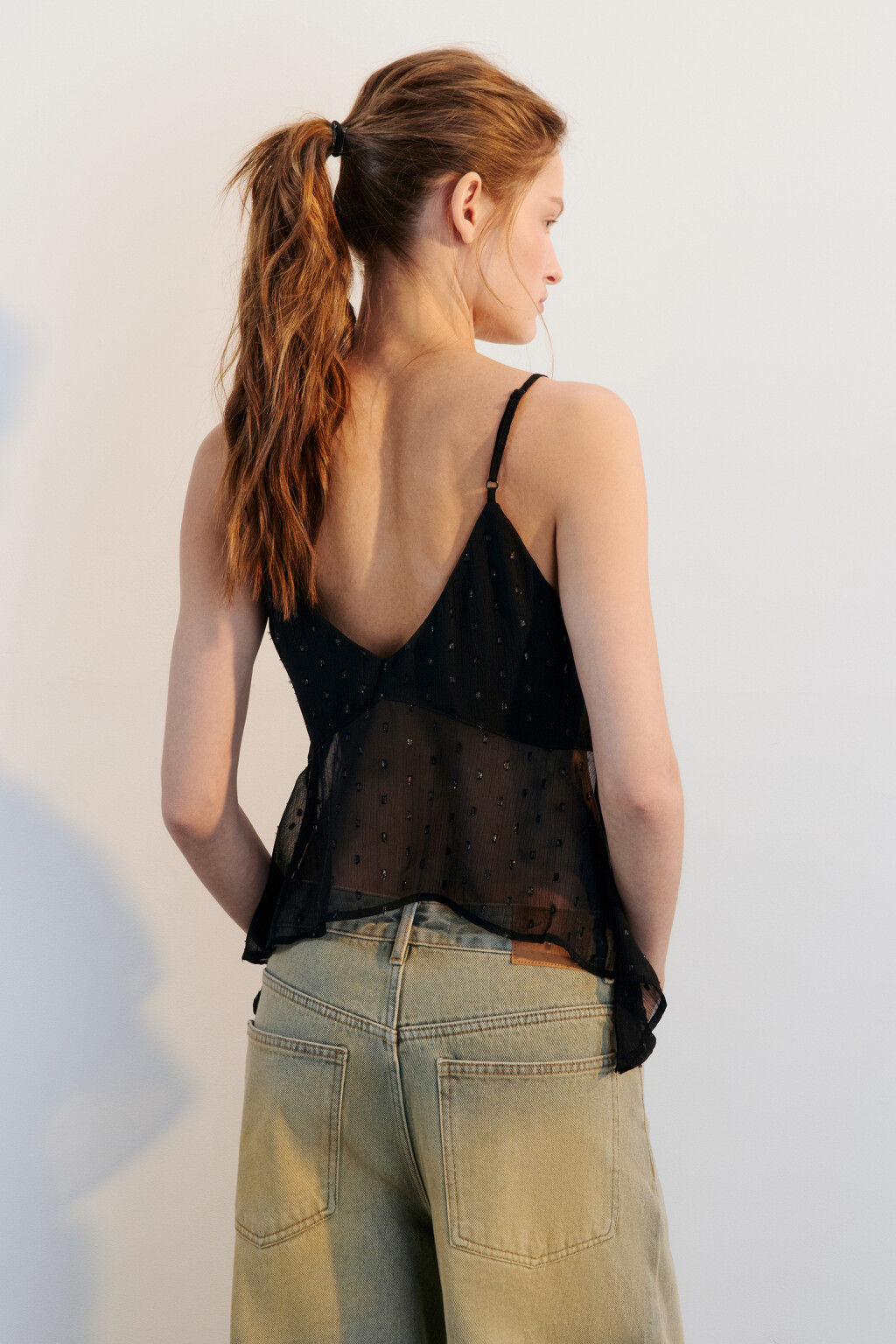 Топ на бретельках из шифона с люрексом - цвет черный - 3