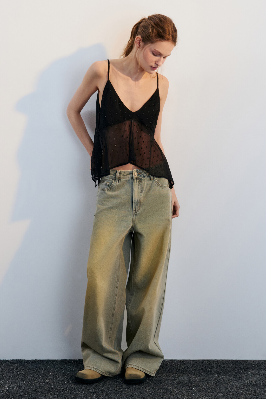 Топ на бретельках из шифона с люрексом - цвет черный - 4