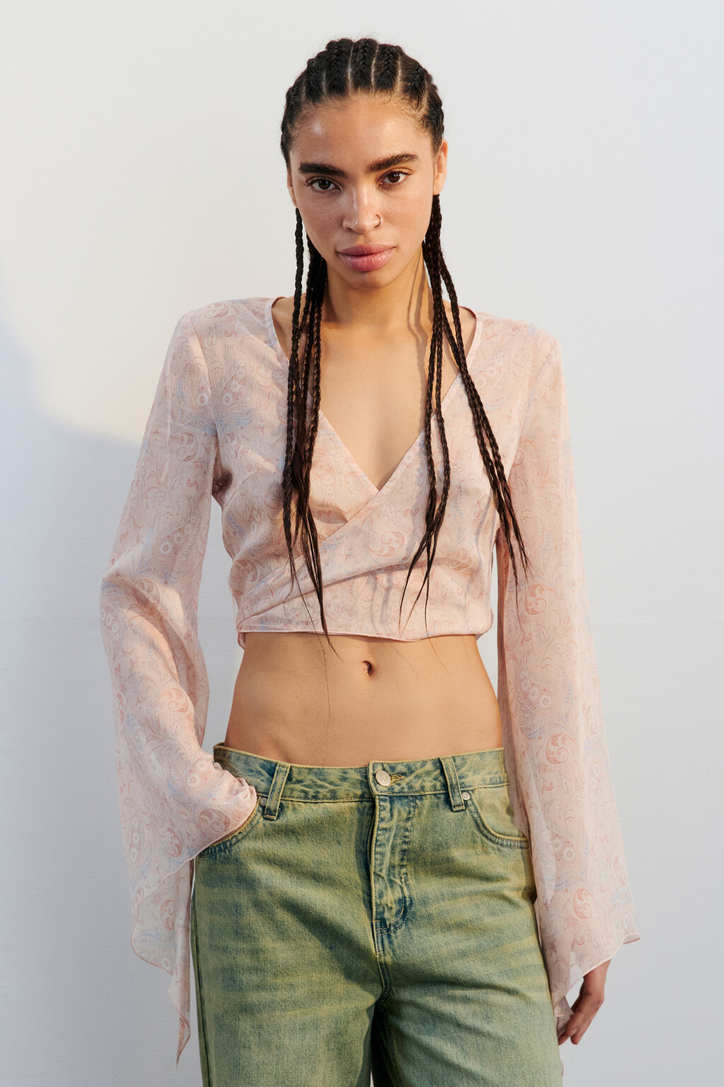 Блузка шифоновая на завязках с оборками - цвет бежевый - 2