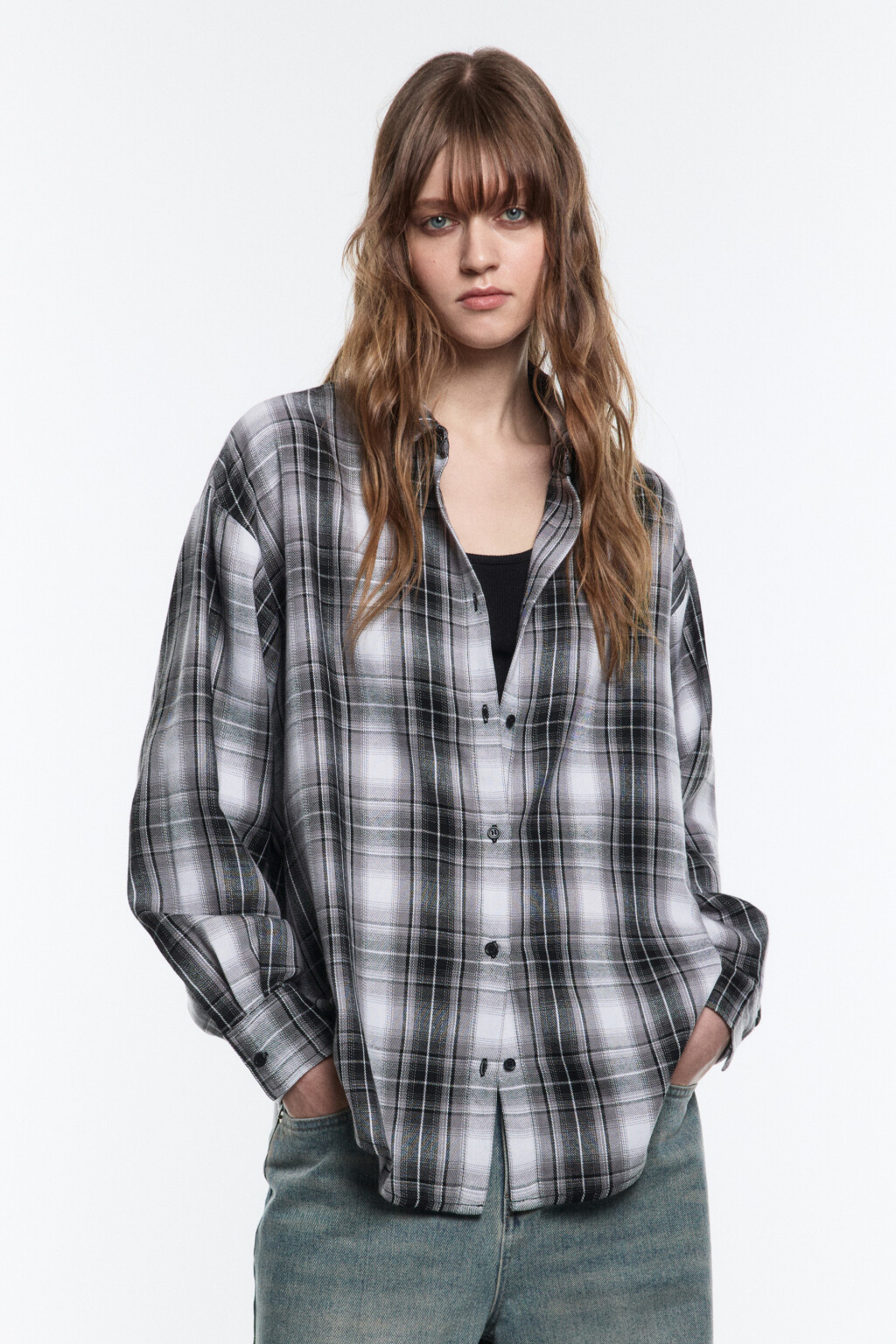 Рубашка oversize в клетку с вшитым топом - цвет черный - 3