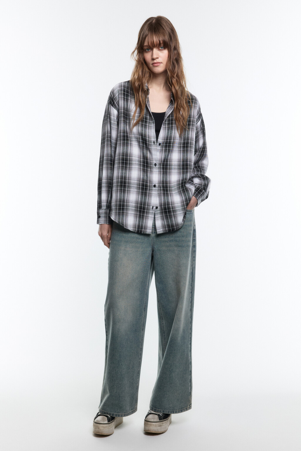 Рубашка oversize в клетку с вшитым топом - цвет черный - 5