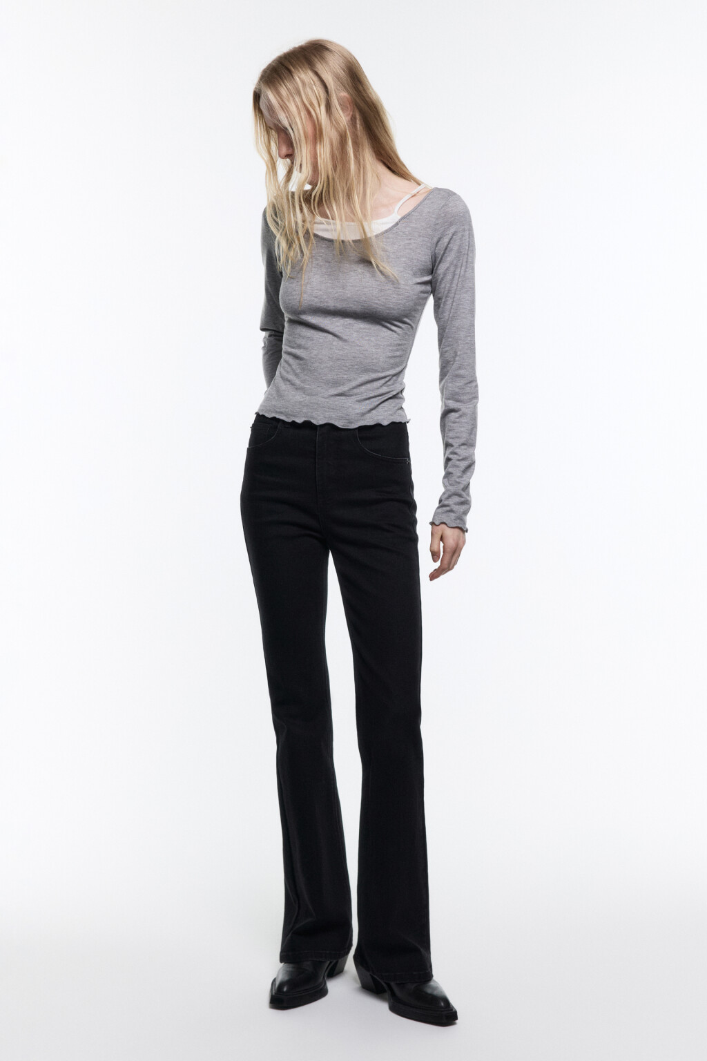 Лонгслив укороченный с майкой на бретельках - цвет серый - 4