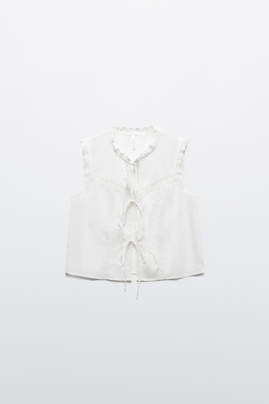 Блузка на завязках хлопковая с кружевом - цвет белый - 10