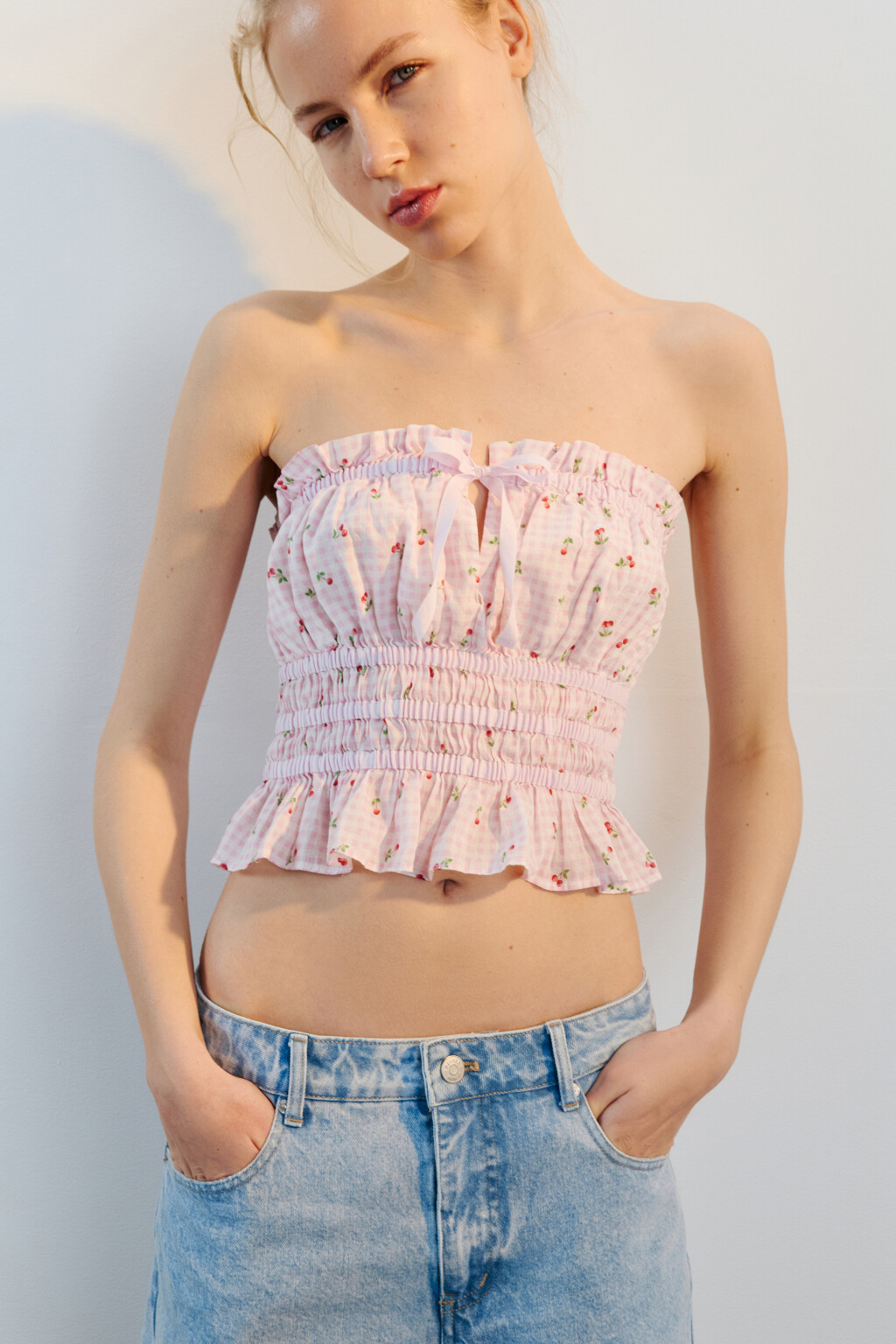 Топ-бандо хлопковый с принтом и баской - цвет розовый - 1