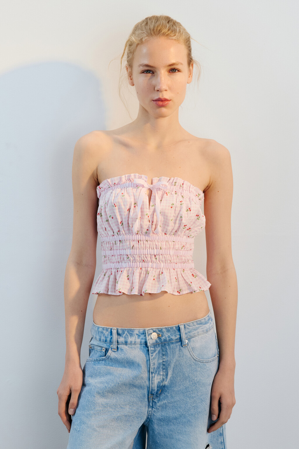 Топ-бандо хлопковый с принтом и баской - цвет розовый - 2