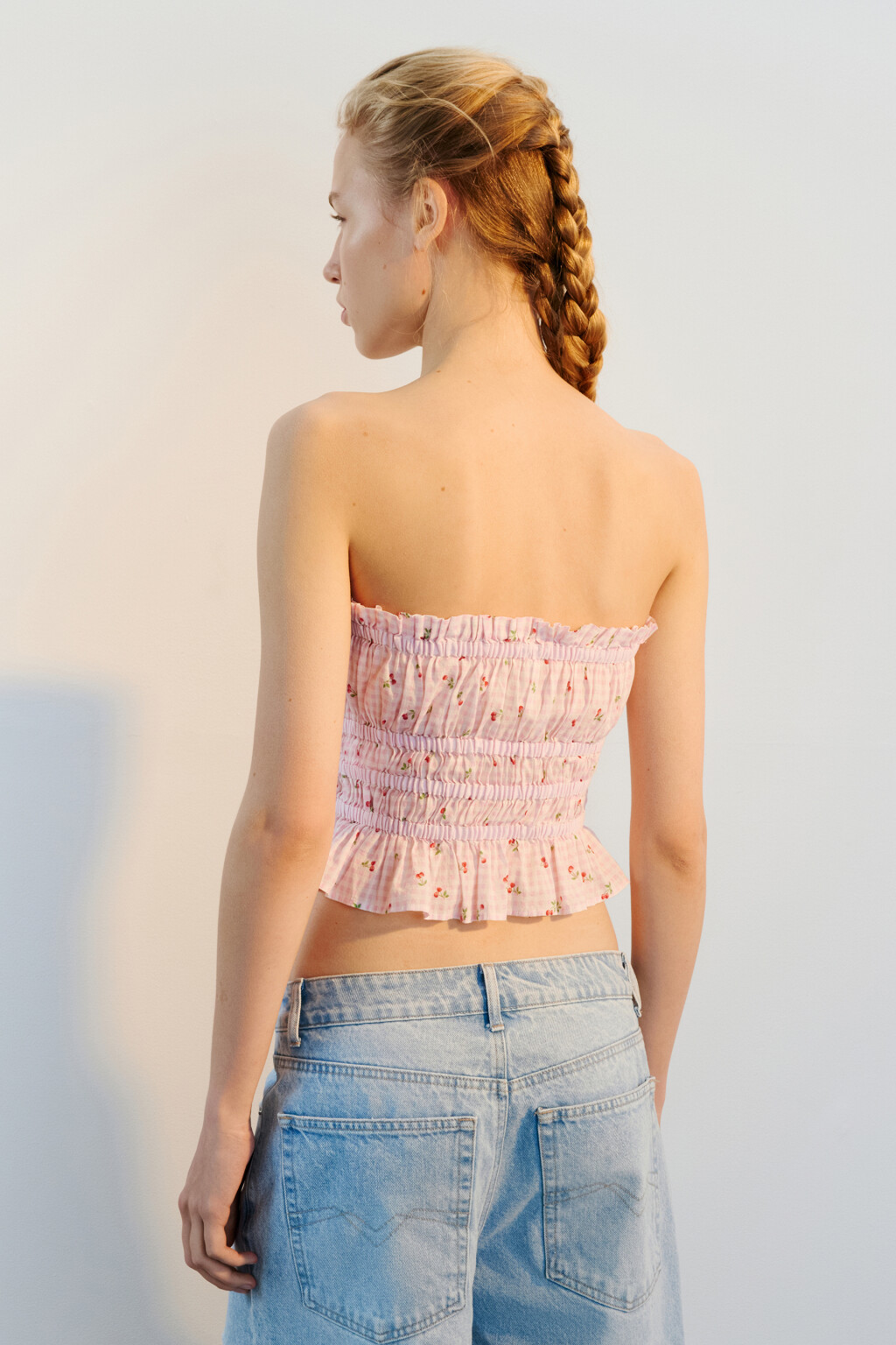 Топ-бандо хлопковый с принтом и баской - цвет розовый - 3