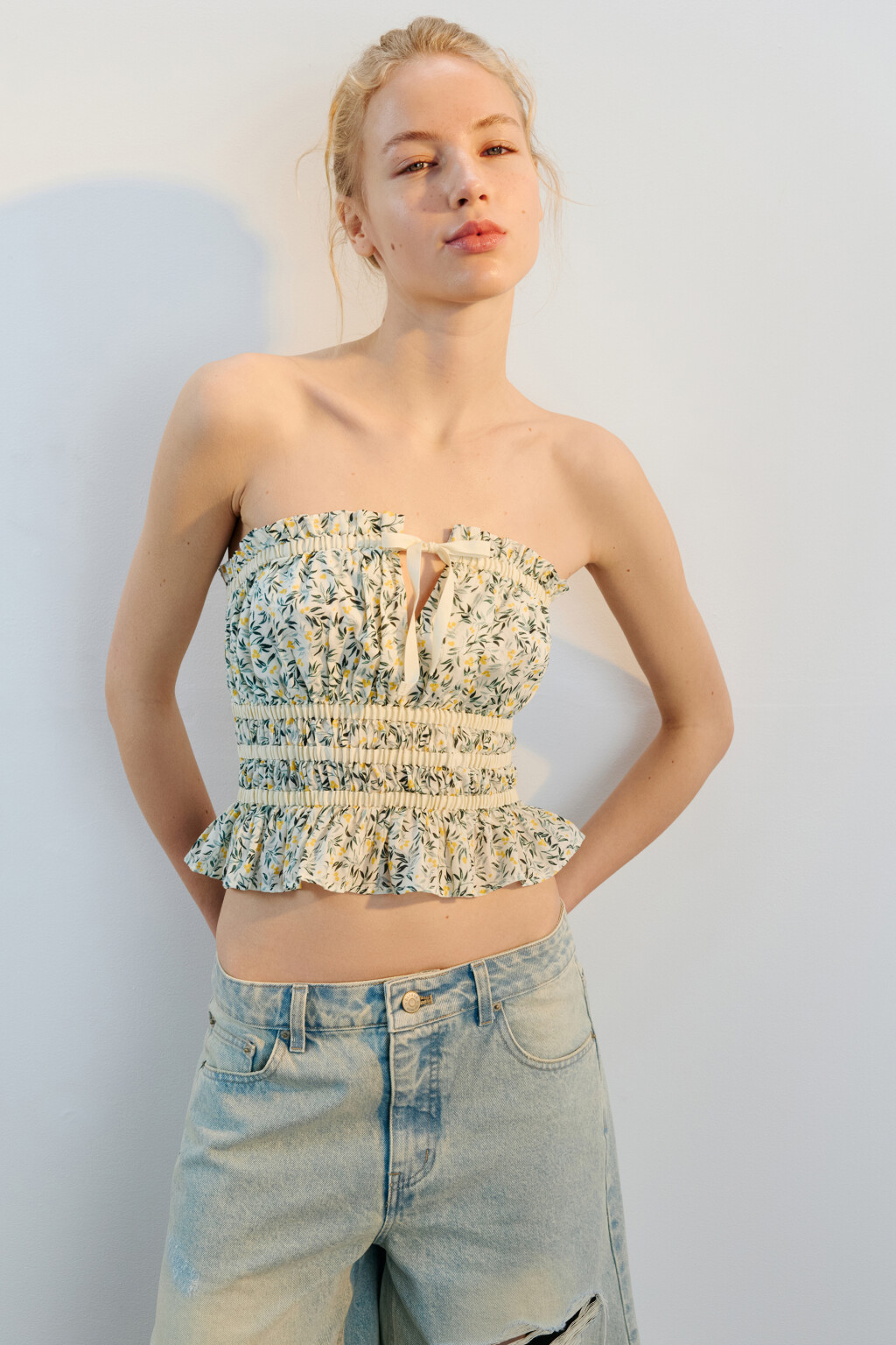 Топ-бандо хлопковый с принтом и баской - цвет мультиколор - 1