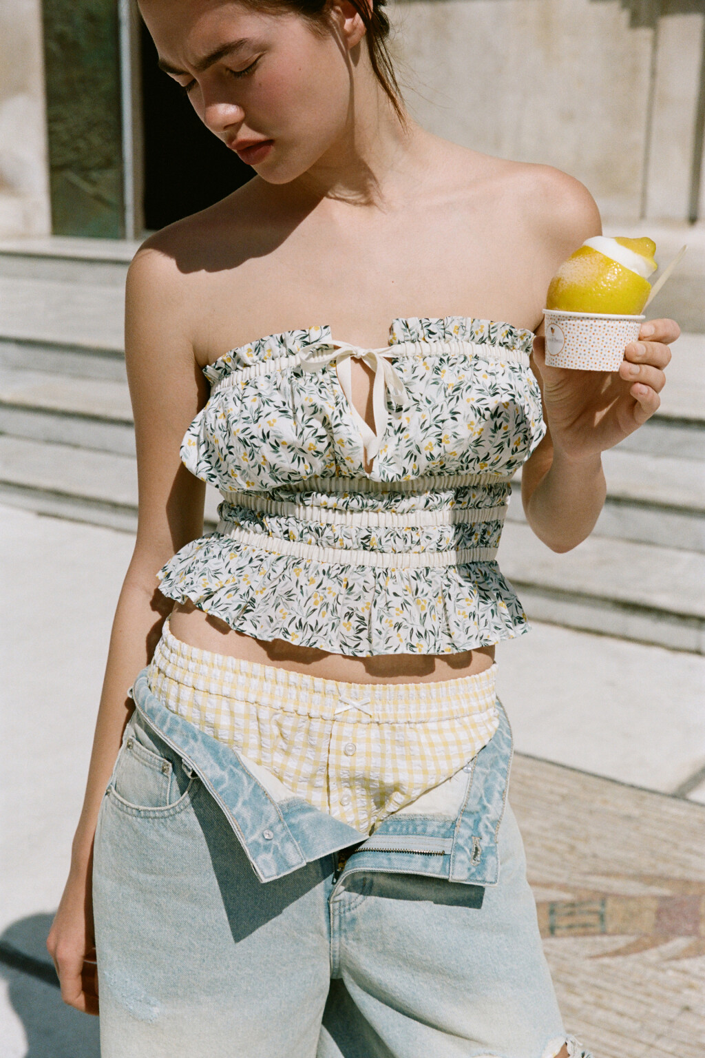 Топ-бандо хлопковый с принтом и баской - цвет мультиколор - 7