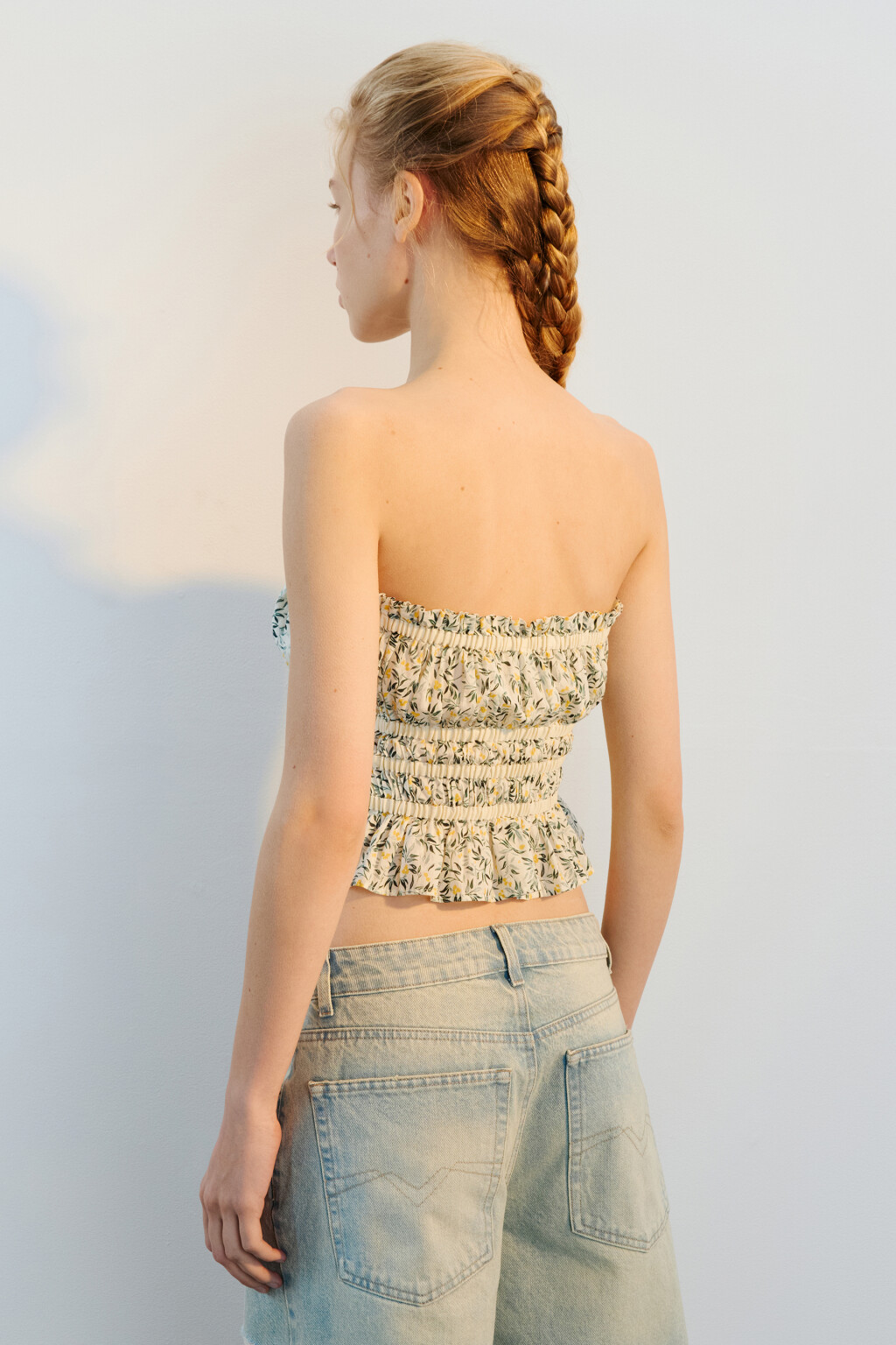 Топ-бандо хлопковый с принтом и баской - цвет мультиколор - 2