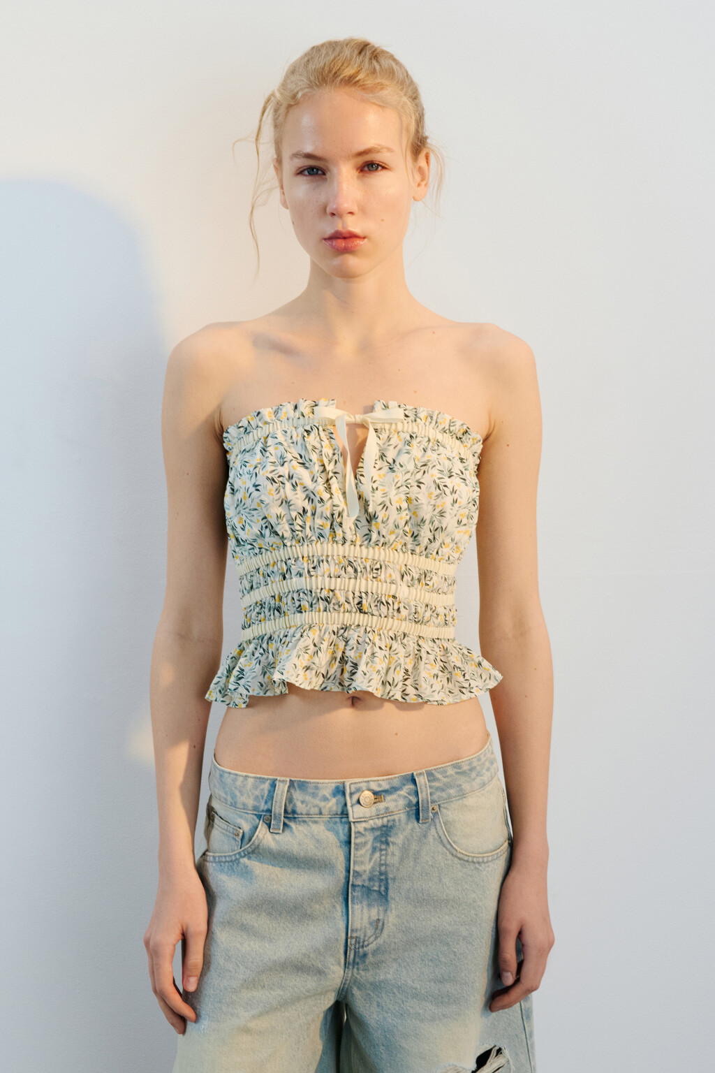 Топ-бандо хлопковый с принтом и баской - цвет мультиколор - 3