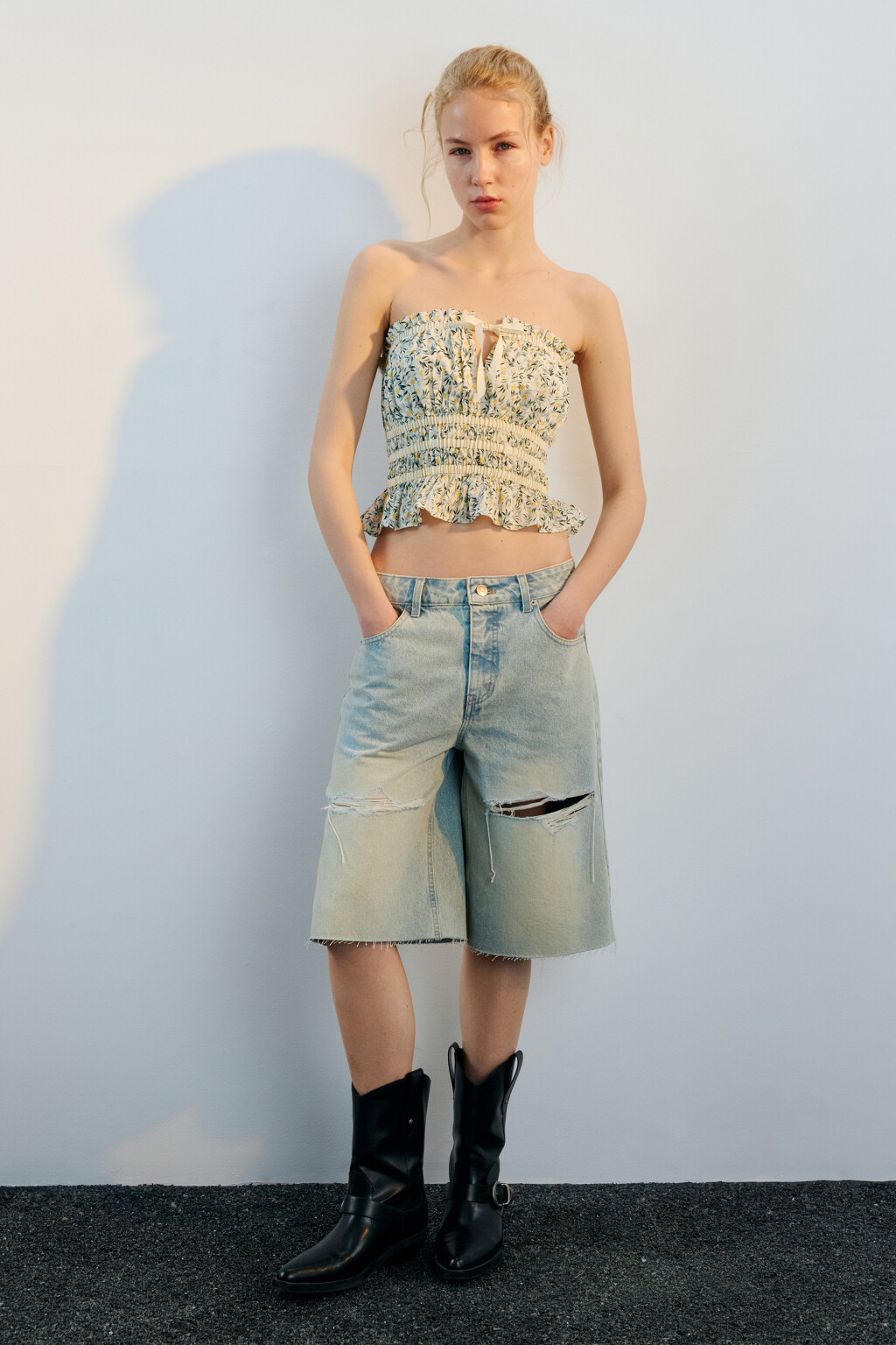 Топ-бандо хлопковый с принтом и баской - цвет мультиколор - 4