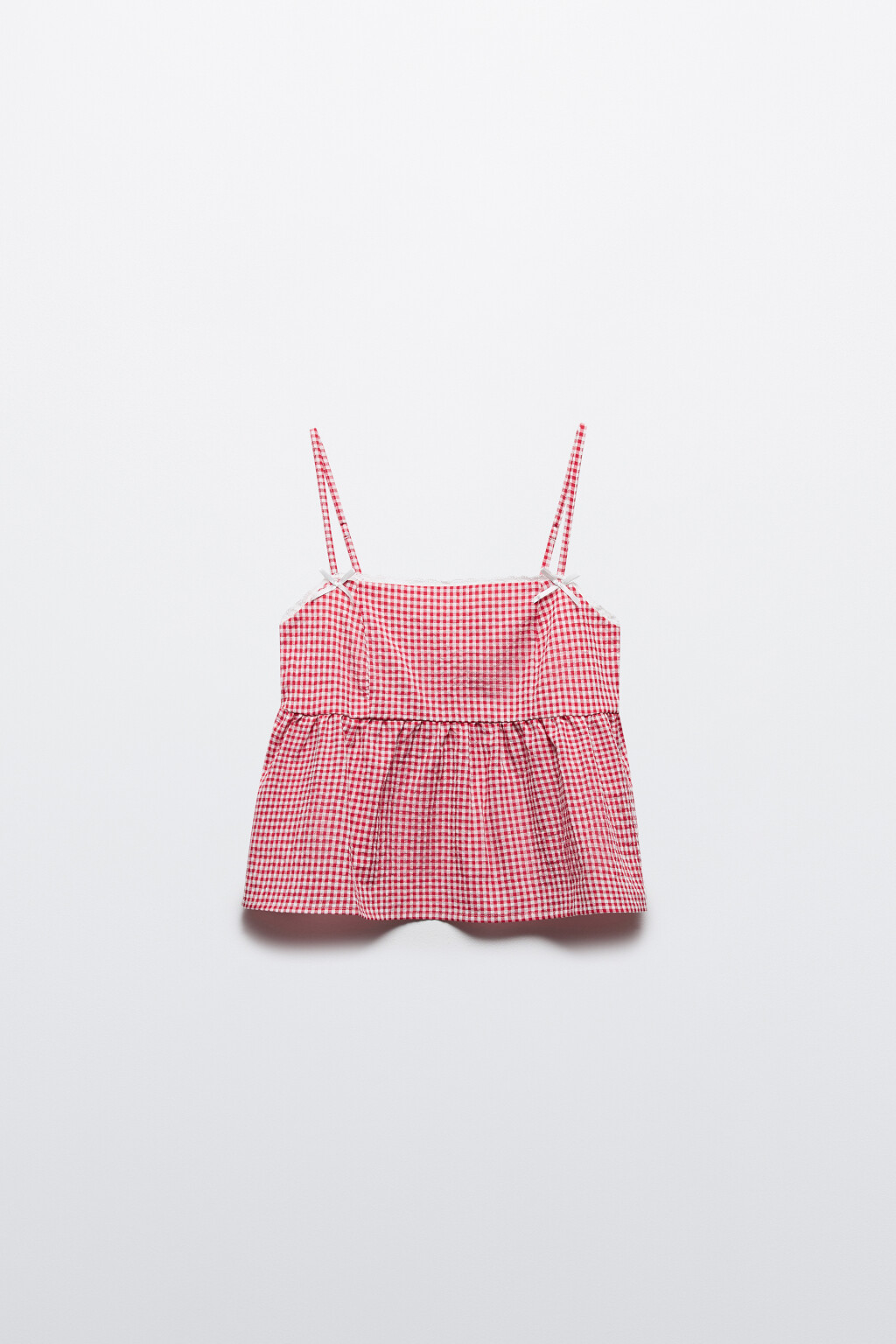 Топ в клетку с баской и бантиками - цвет красный - 9