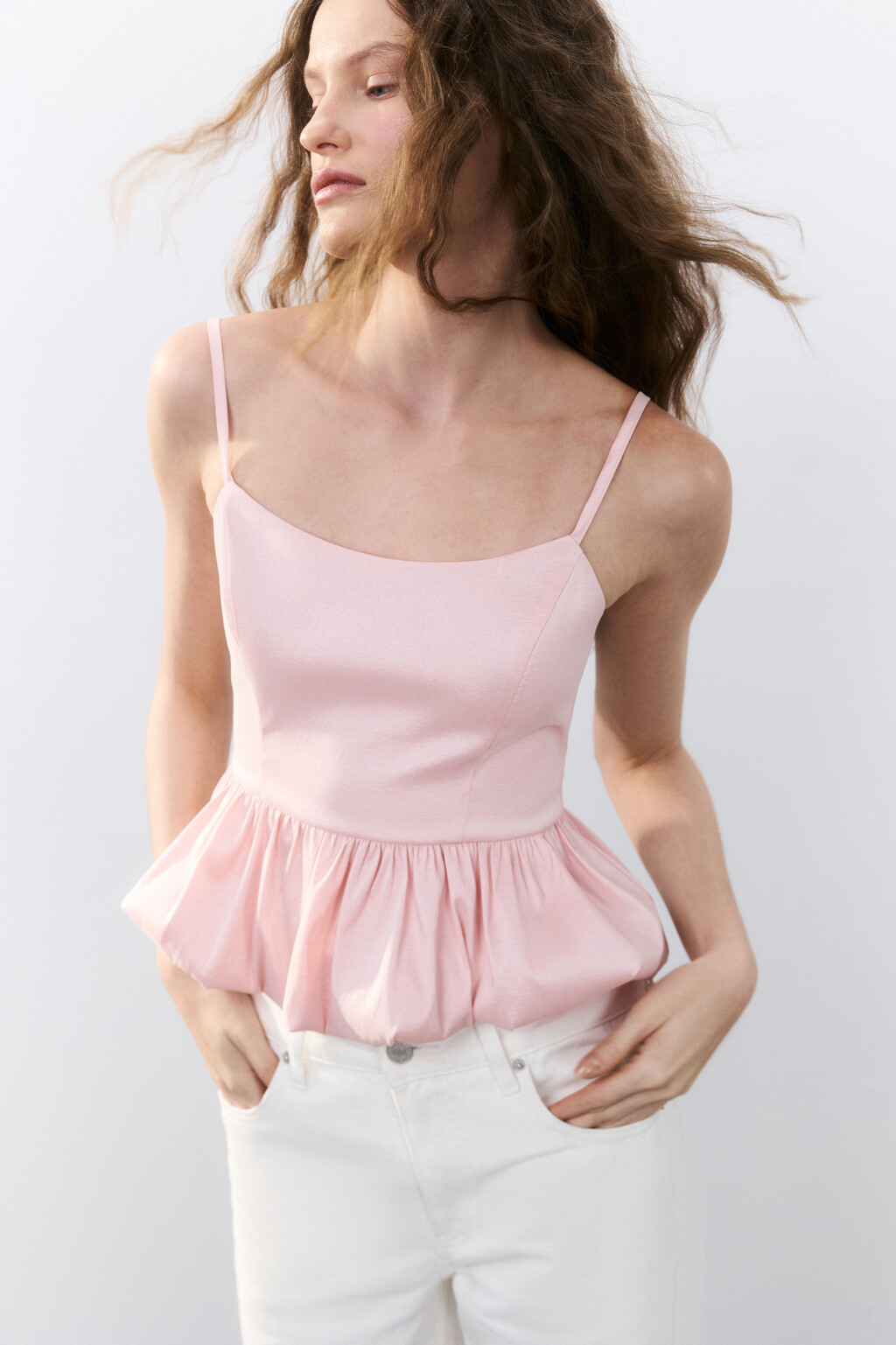 Топ на бретельках с пышной баской - цвет оранжевый - 1