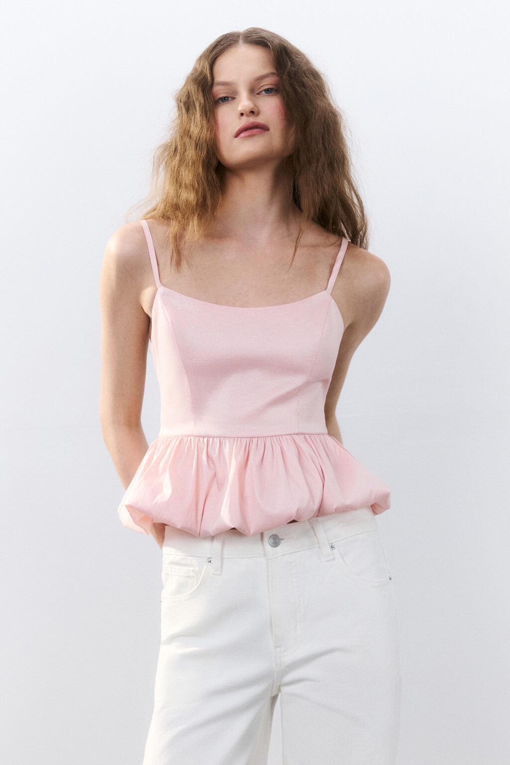 Топ на бретельках с пышной баской - цвет оранжевый - 3