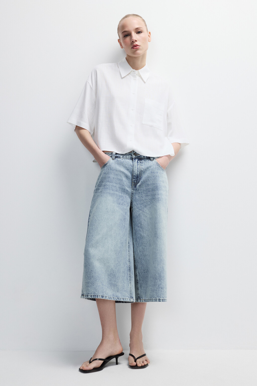 Рубашка укороченная из вискозы со льном - цвет белый - 5