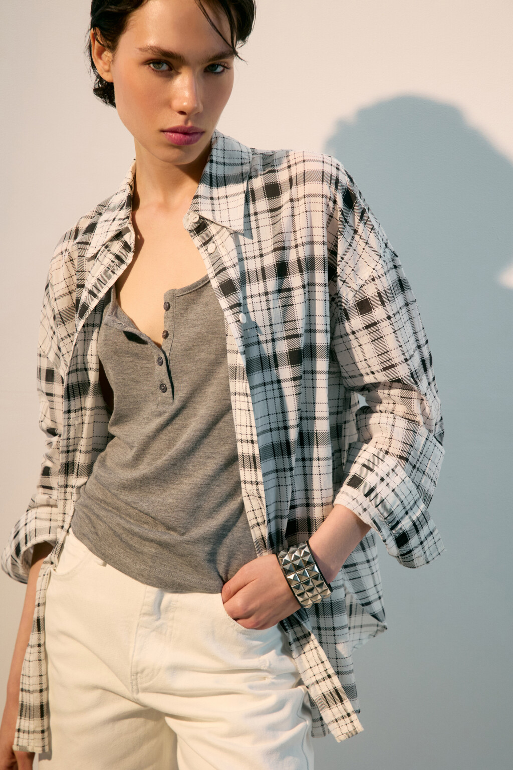 Рубашка oversize в клетку из тонкого хлопка - цвет белый - 1