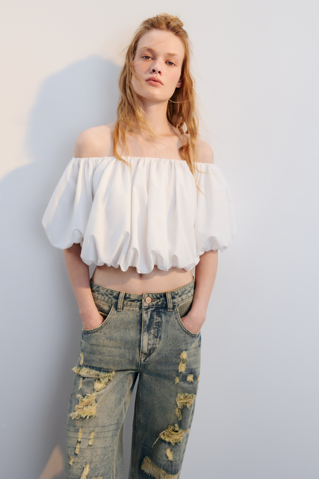 Топ-баллон пышный с рукавами - цвет белый - 2