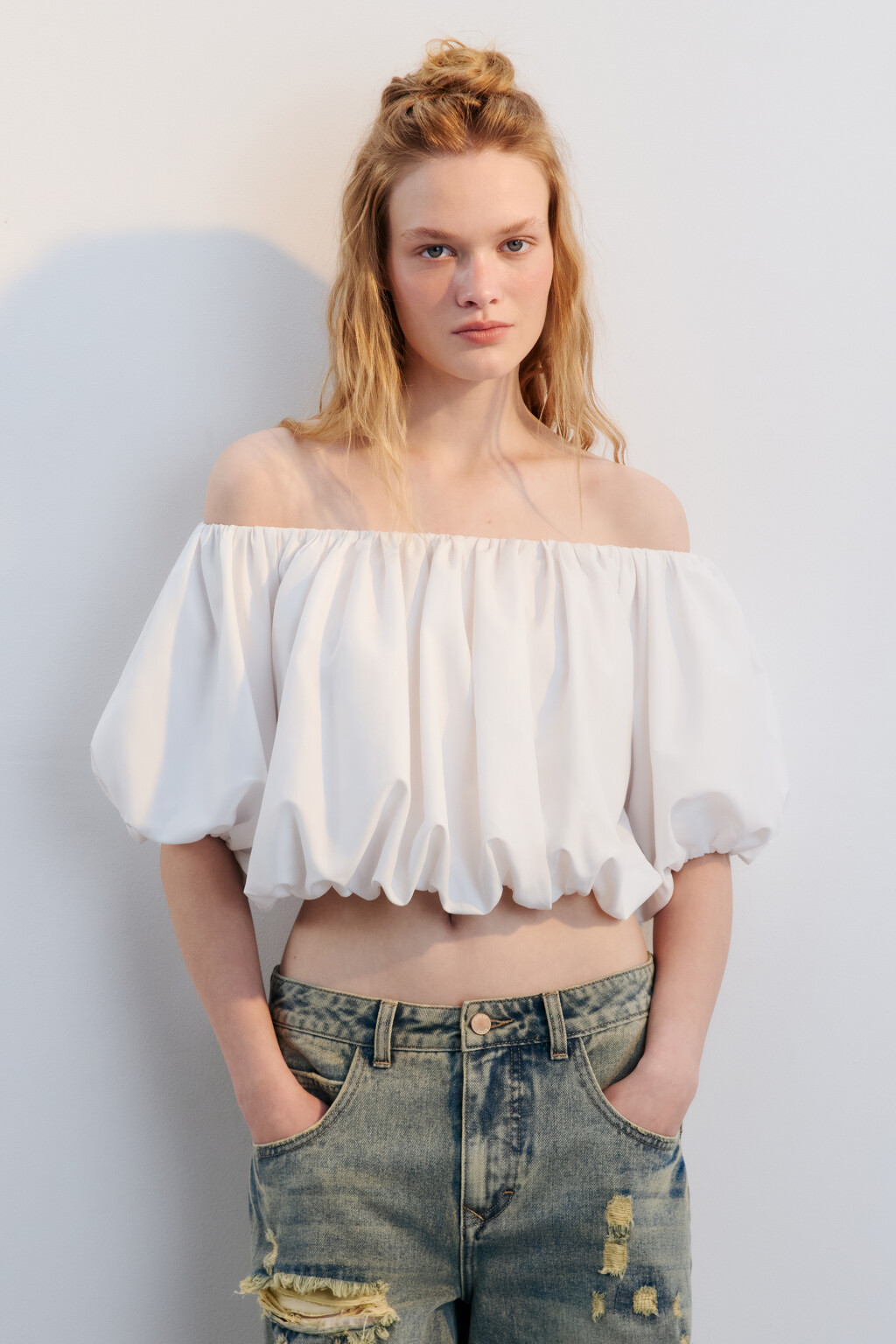 Топ-баллон пышный с рукавами - цвет белый - 3