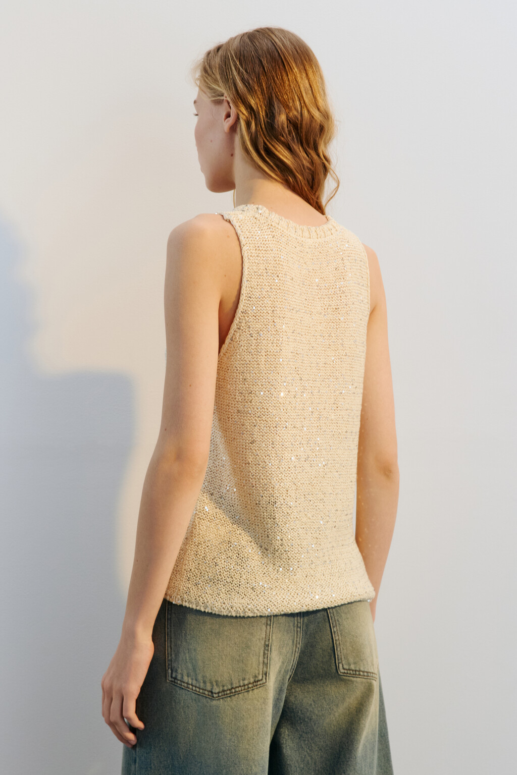 Майка вязаная с пайетками - цвет ванильный - 3