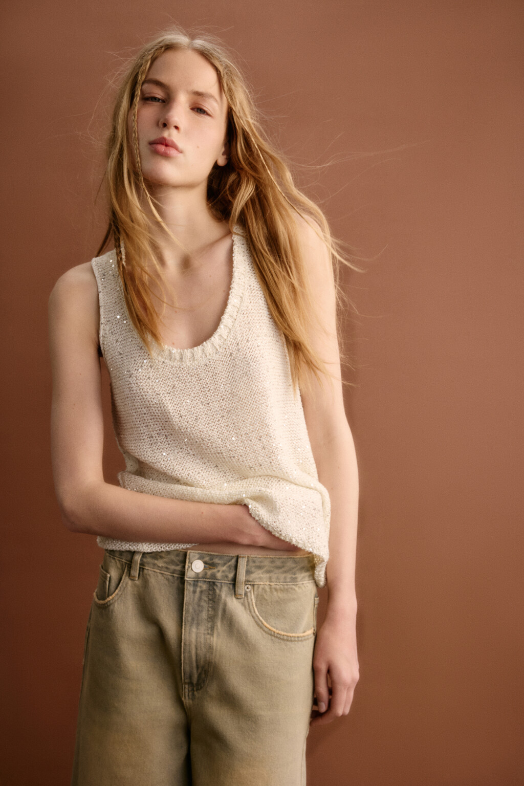 Майка вязаная с пайетками - цвет молочный - 1