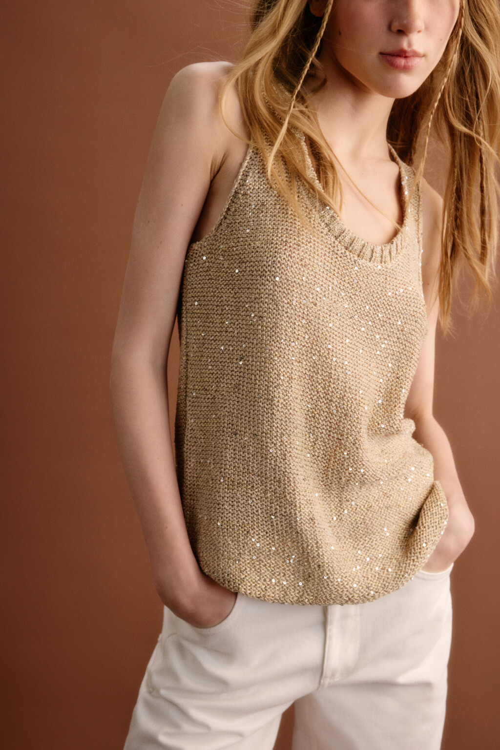 Майка вязаная с пайетками - цвет бежевый - 2