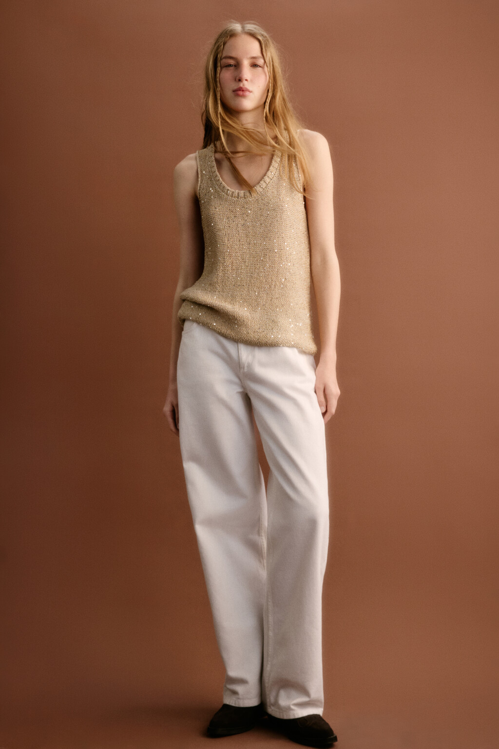 Майка вязаная с пайетками - цвет бежевый - 6