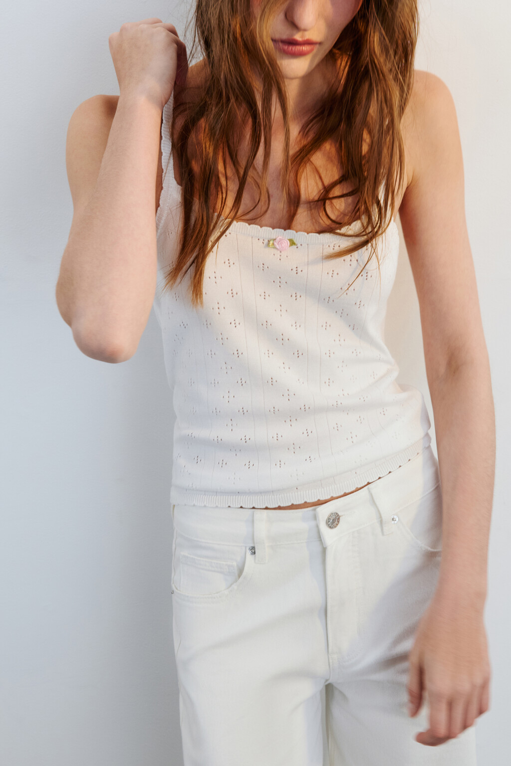 Майка ажурная на тонких бретельках - цвет молочный - 1