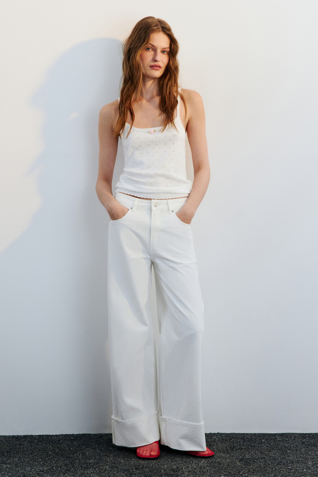 Майка ажурная на тонких бретельках - цвет молочный - 4