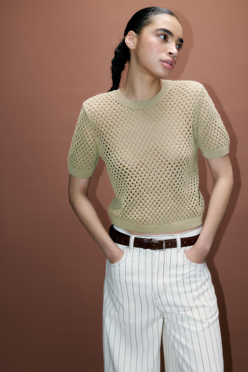 Джемпер ажурный с короткими рукавами - цвет зеленый - 1