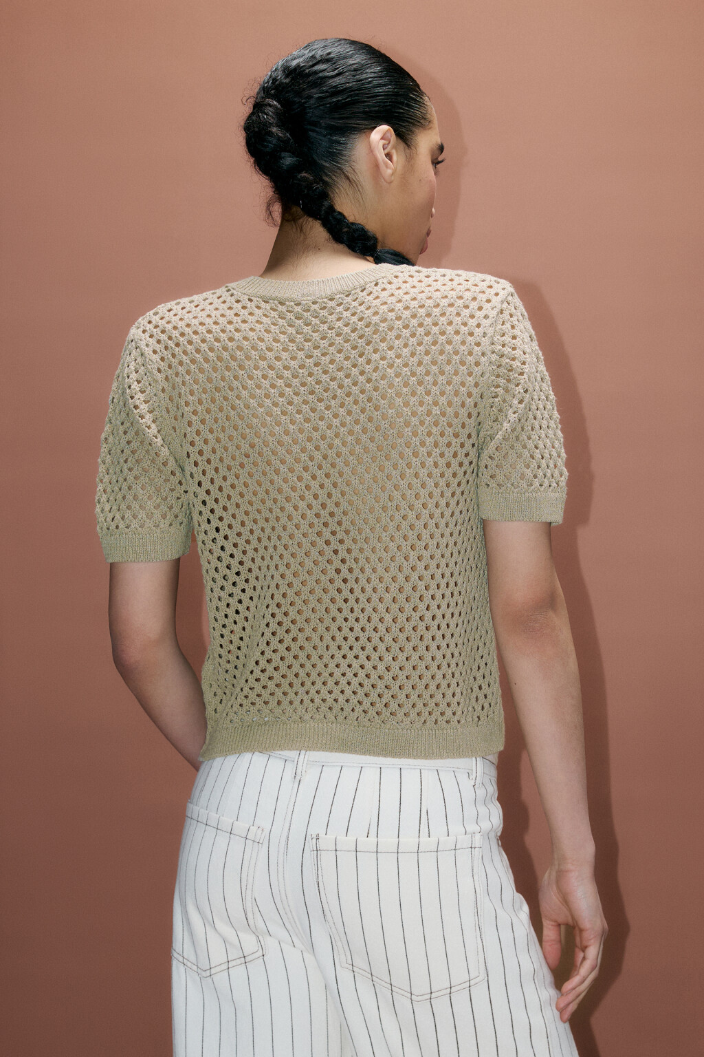 Джемпер ажурный с короткими рукавами - цвет зеленый - 3