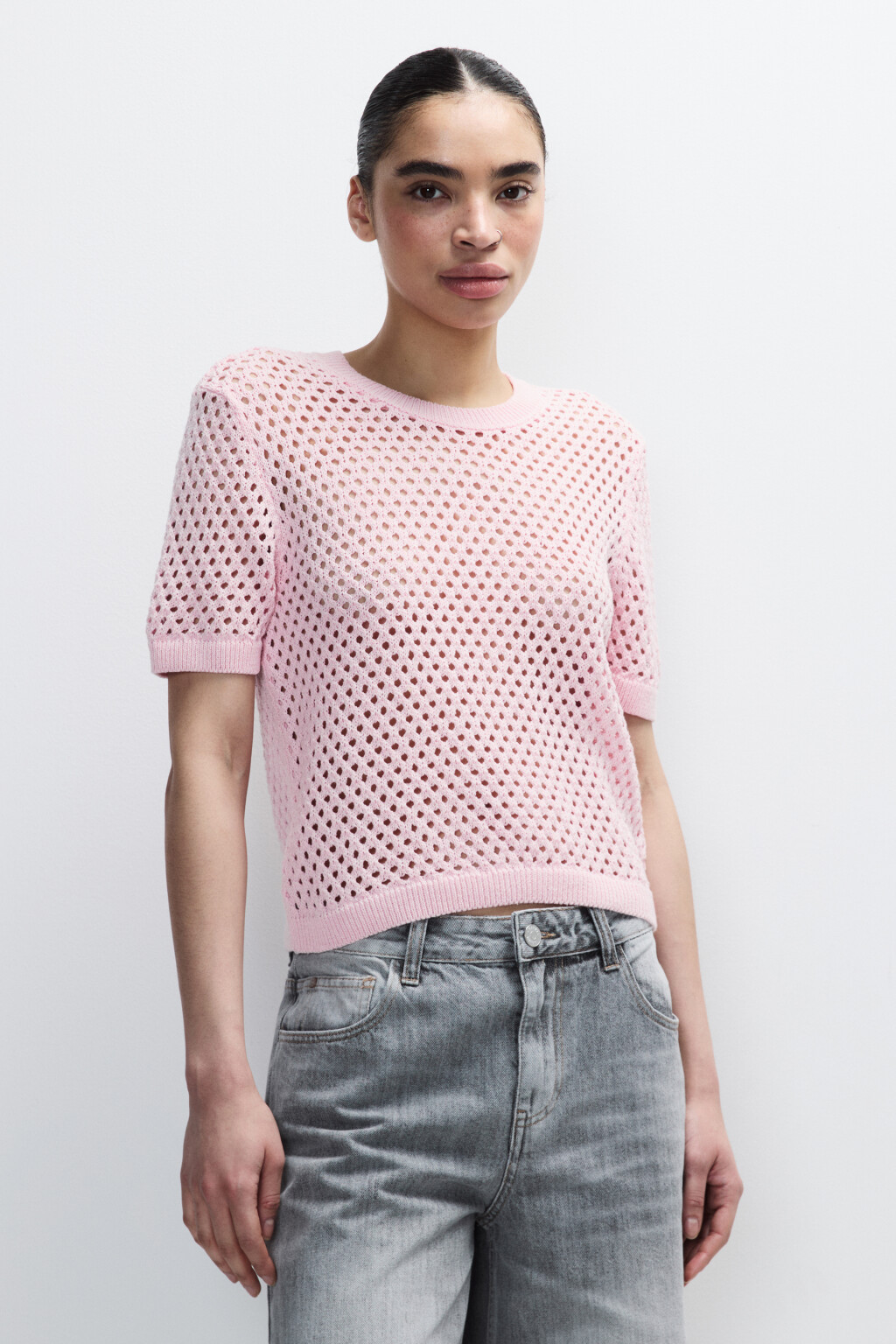 Джемпер ажурный с короткими рукавами - цвет розовый - 3
