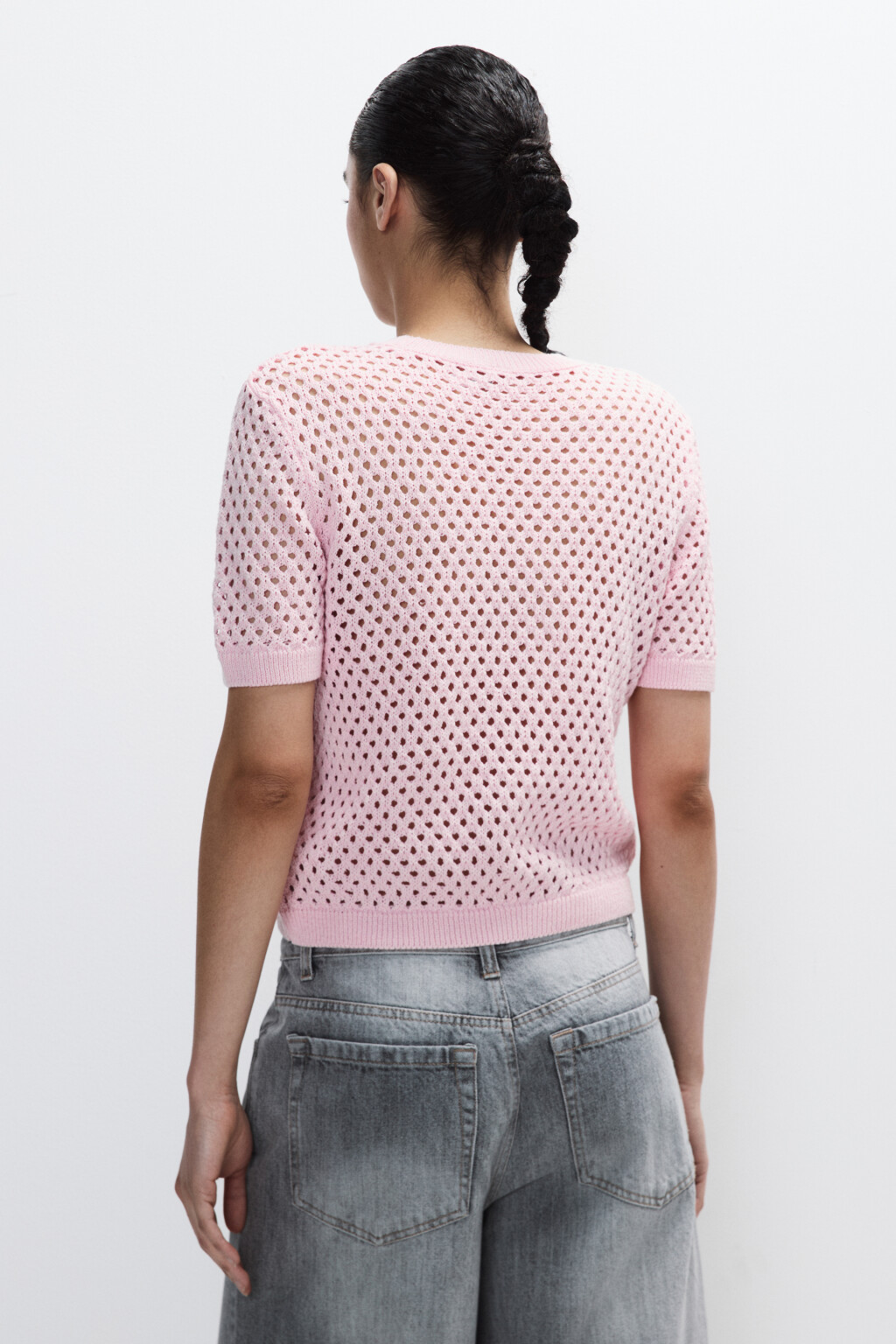 Джемпер ажурный с короткими рукавами - цвет розовый - 4
