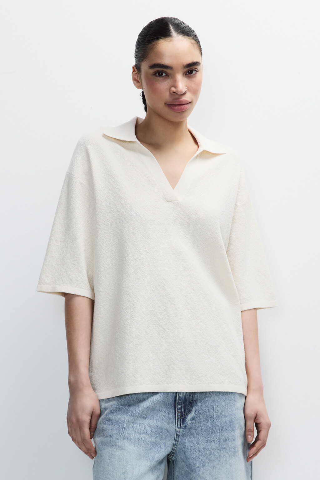 Джемпер тонкой вязки с воротником - цвет бежевый - 2