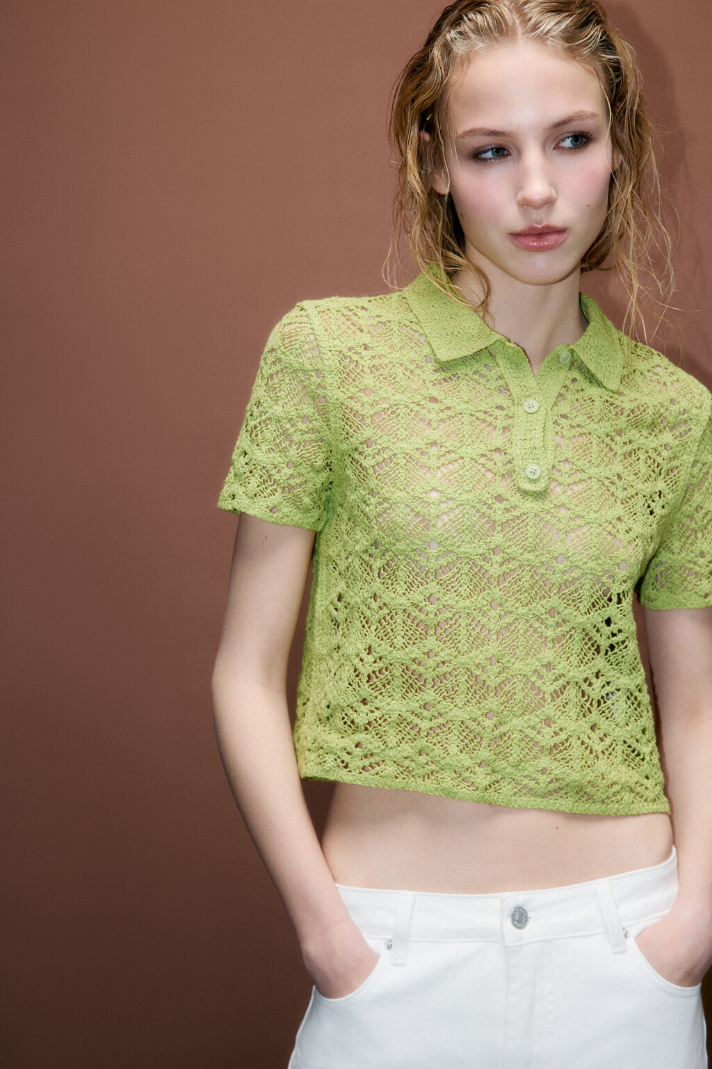 Джемпер-поло ажурный с короткими рукавами - цвет зеленый - 1