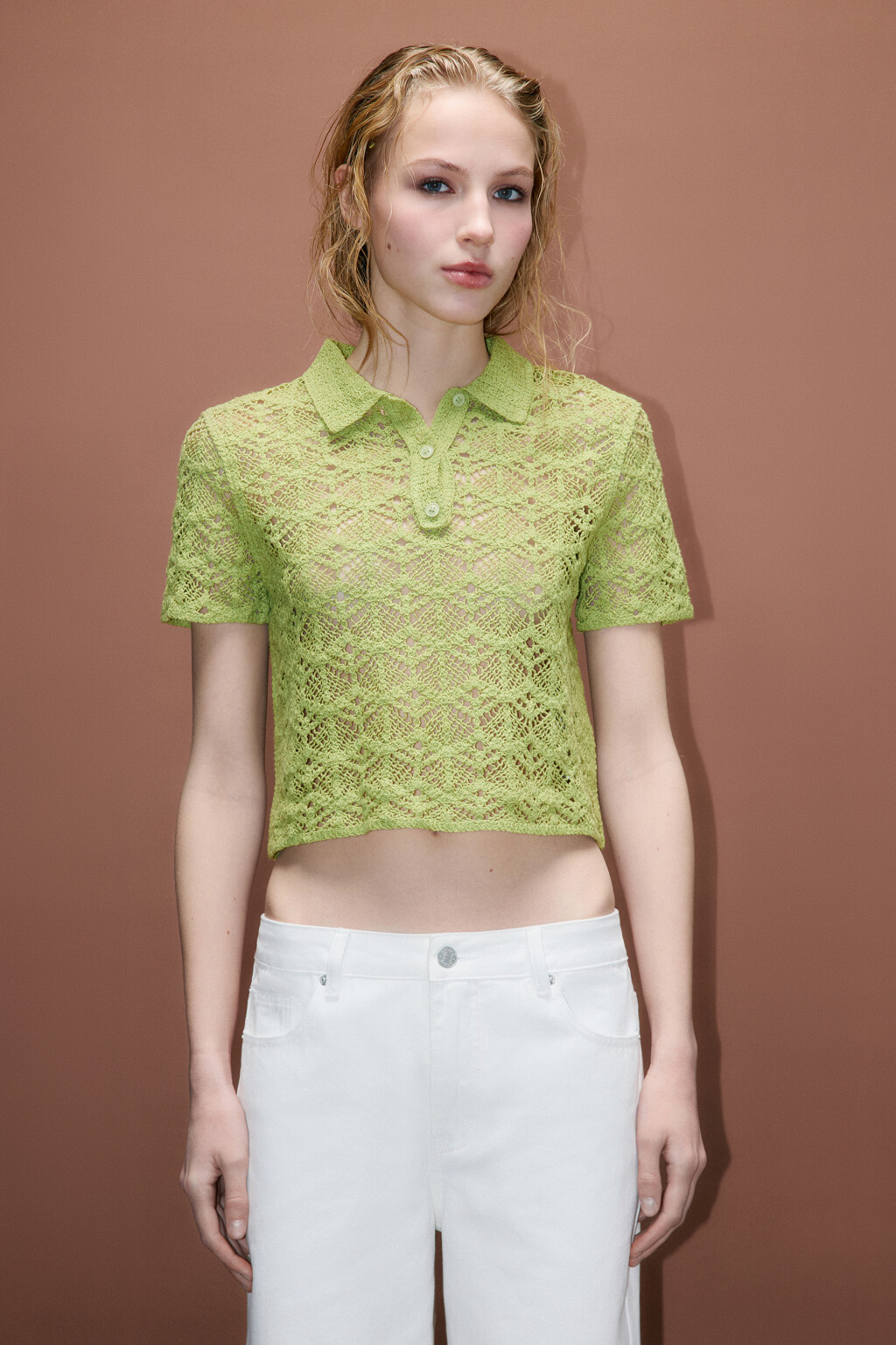 Джемпер-поло ажурный с короткими рукавами - цвет зеленый - 2