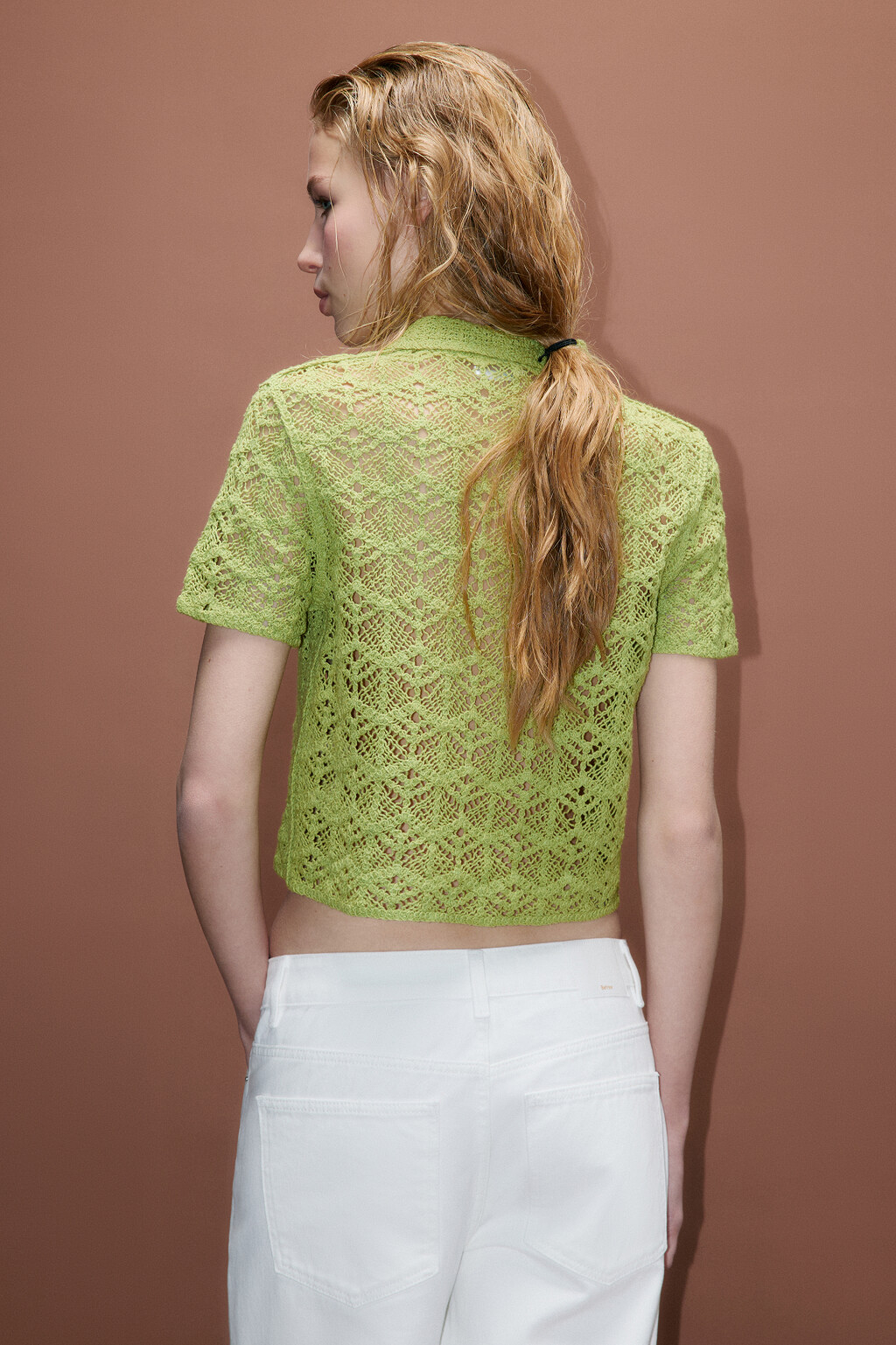 Джемпер-поло ажурный с короткими рукавами - цвет зеленый - 3