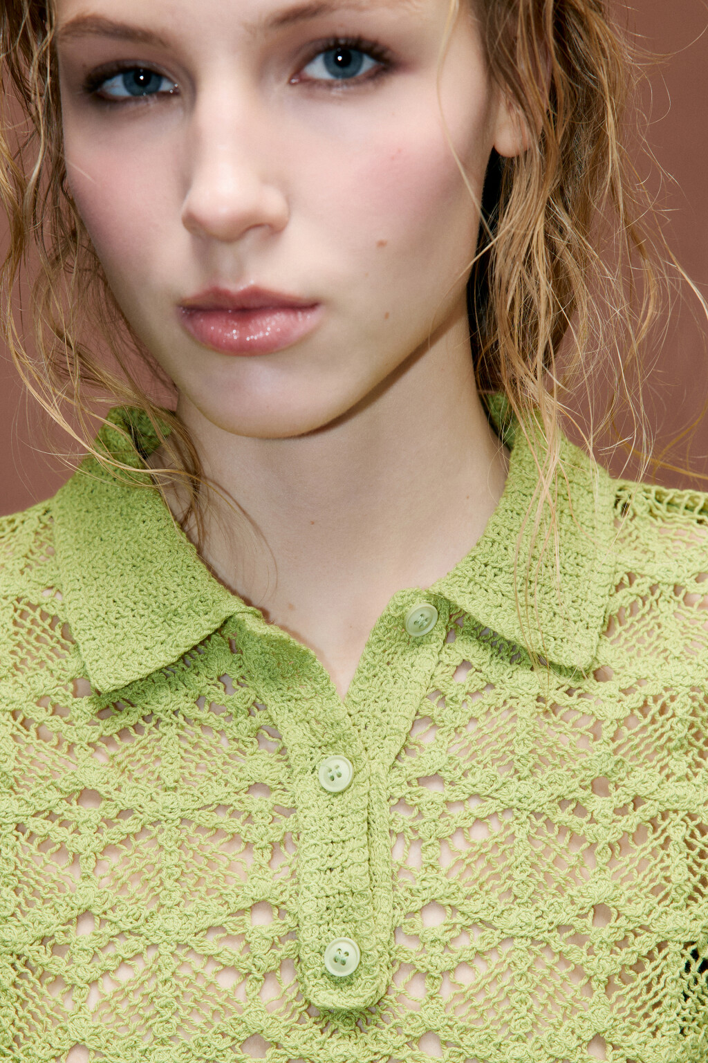 Джемпер-поло ажурный с короткими рукавами - цвет зеленый - 5