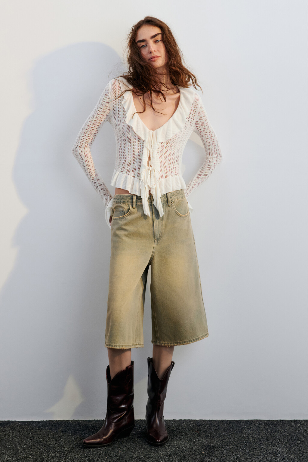 Кардиган на завязках ажурный с оборками - цвет молочный - 6