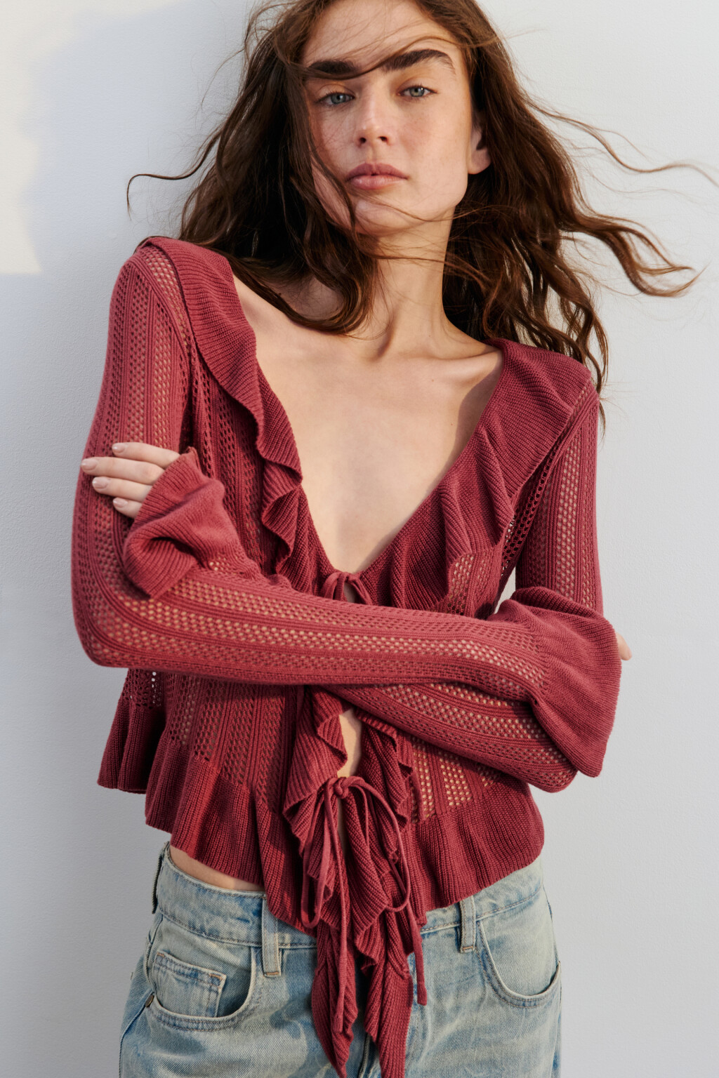 Кардиган на завязках ажурный с оборками - цвет розовый - 1