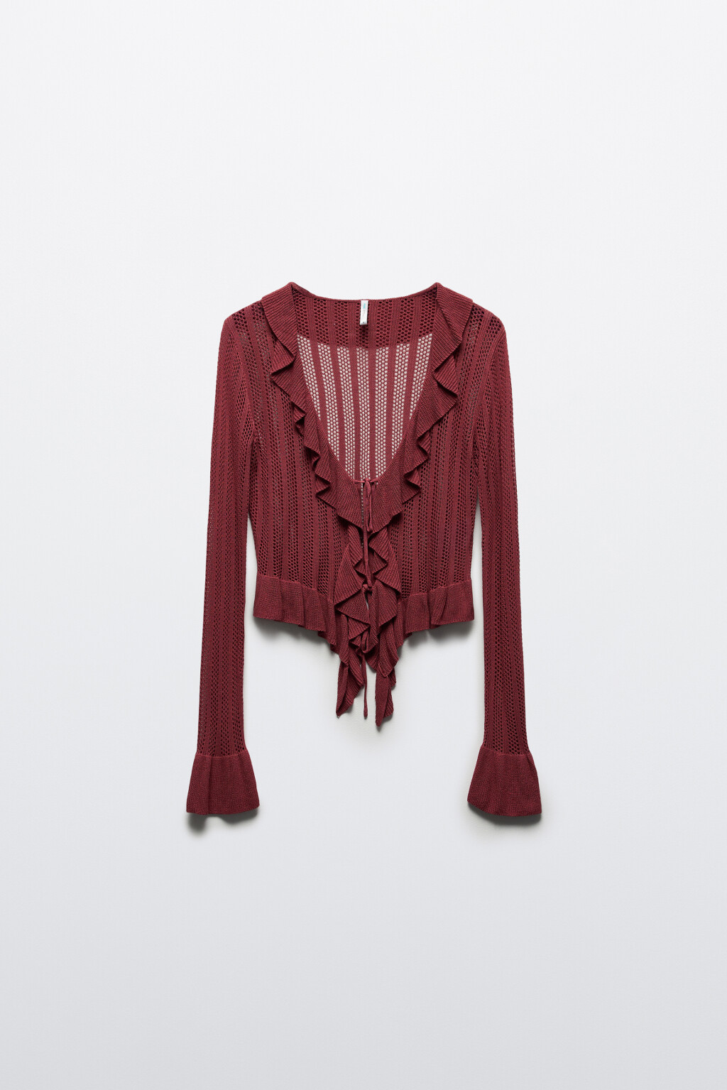 Кардиган на завязках ажурный с оборками - цвет розовый - 8