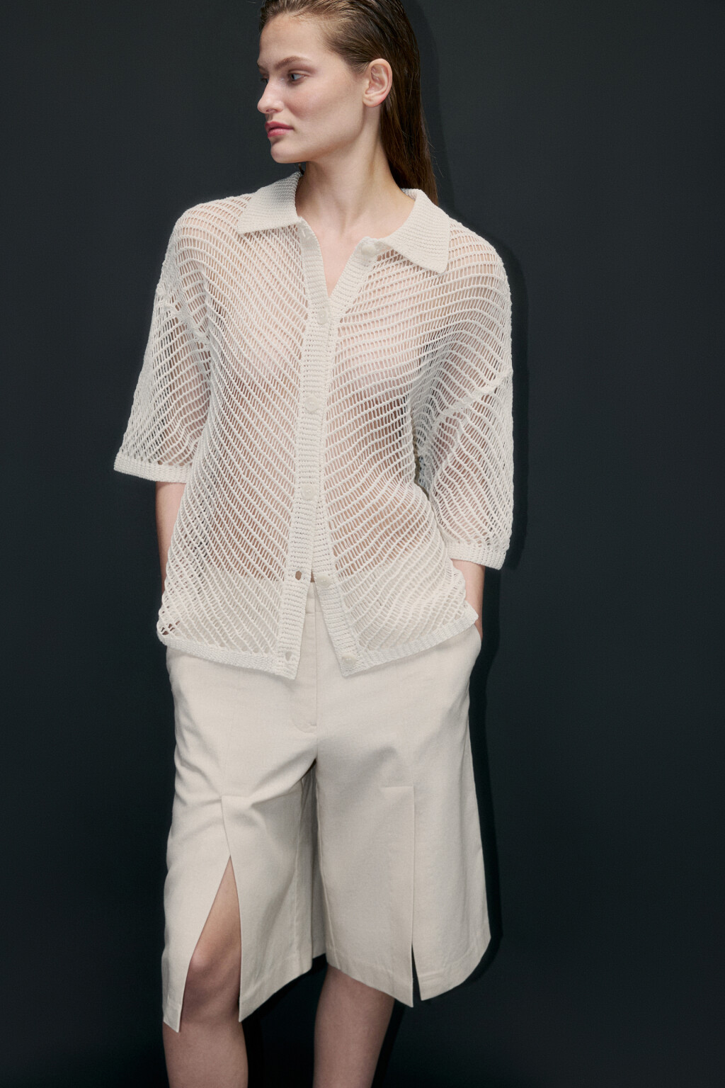 Рубашка-сетка ажурная с короткими рукавами - цвет бежевый - 1