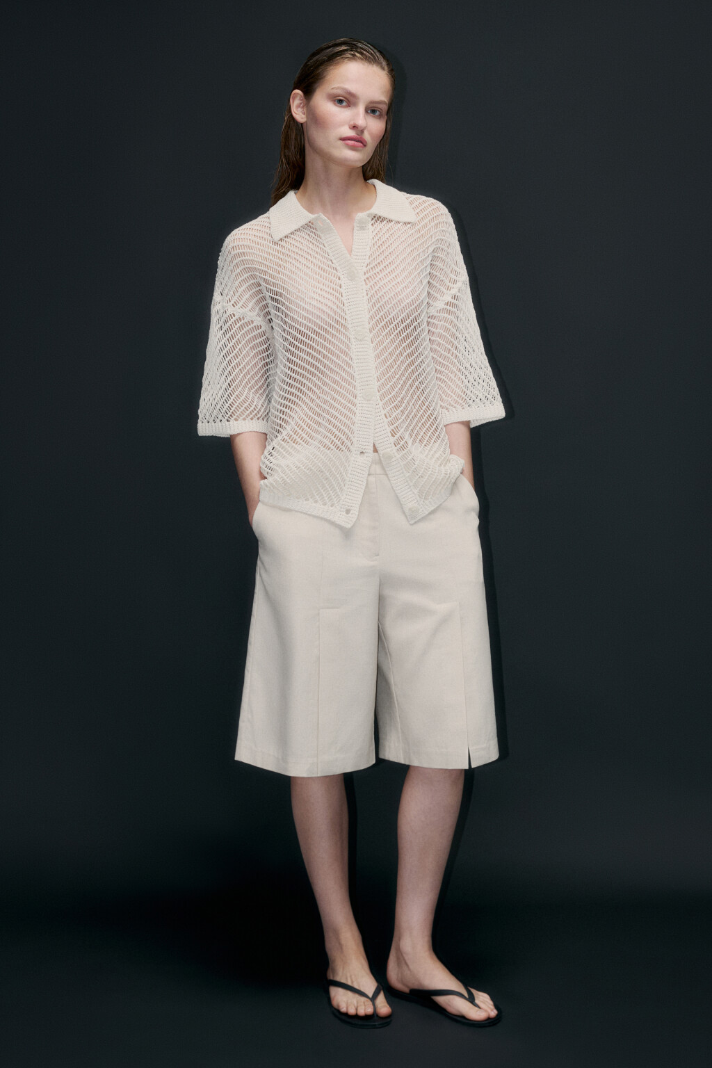 Рубашка-сетка ажурная с короткими рукавами - цвет бежевый - 5