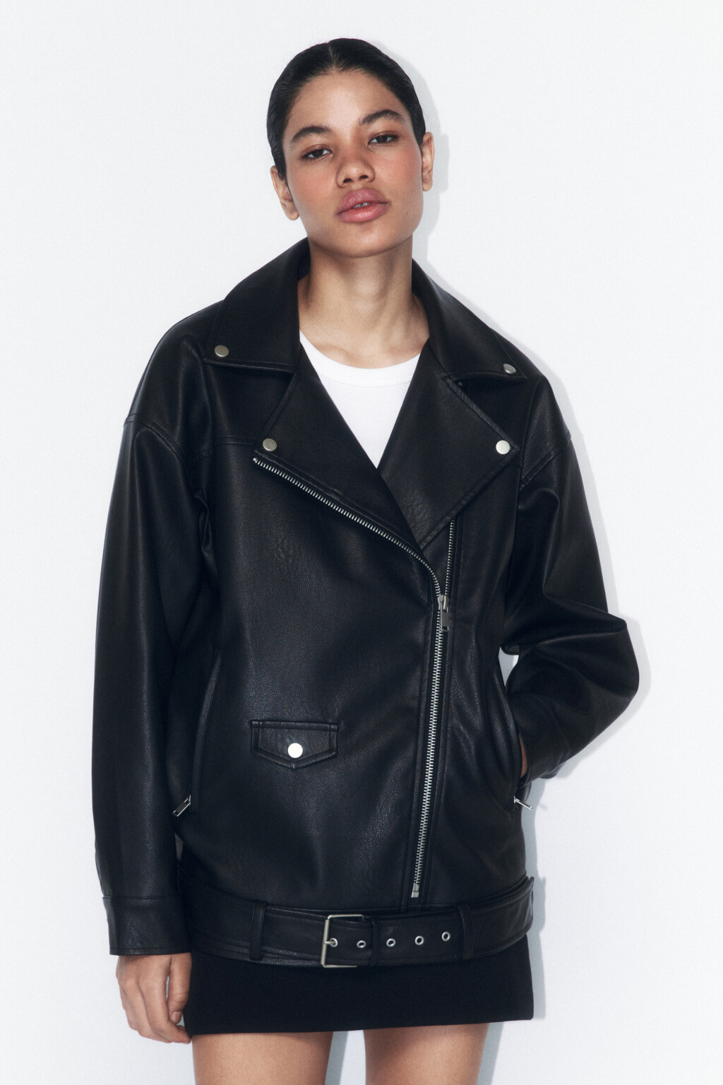 Куртка-косуха свободная с ремнем - цвет черный - 3