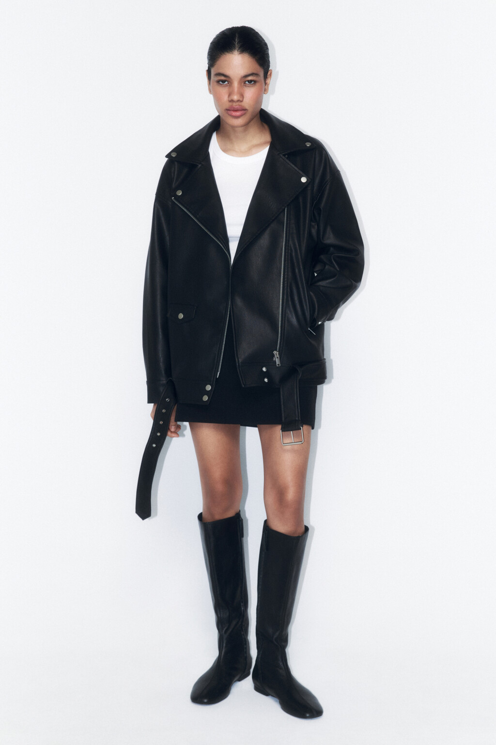 Куртка-косуха свободная с ремнем - цвет черный - 5