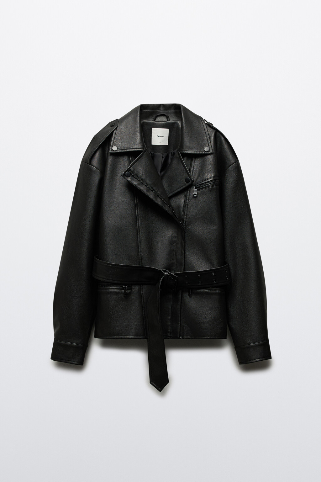 Куртка-косуха из искусственной кожи с поясом - цвет черный - 8