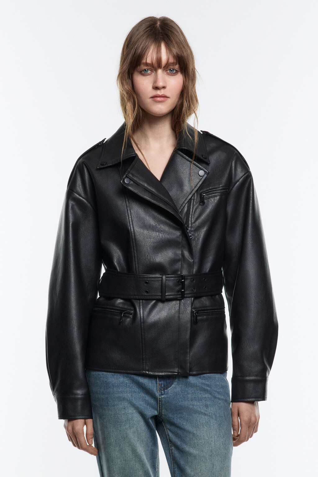 Куртка-косуха из искусственной кожи с поясом - цвет черный - 2