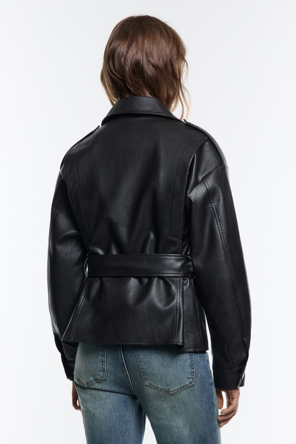 Куртка-косуха из искусственной кожи с поясом - цвет черный - 3