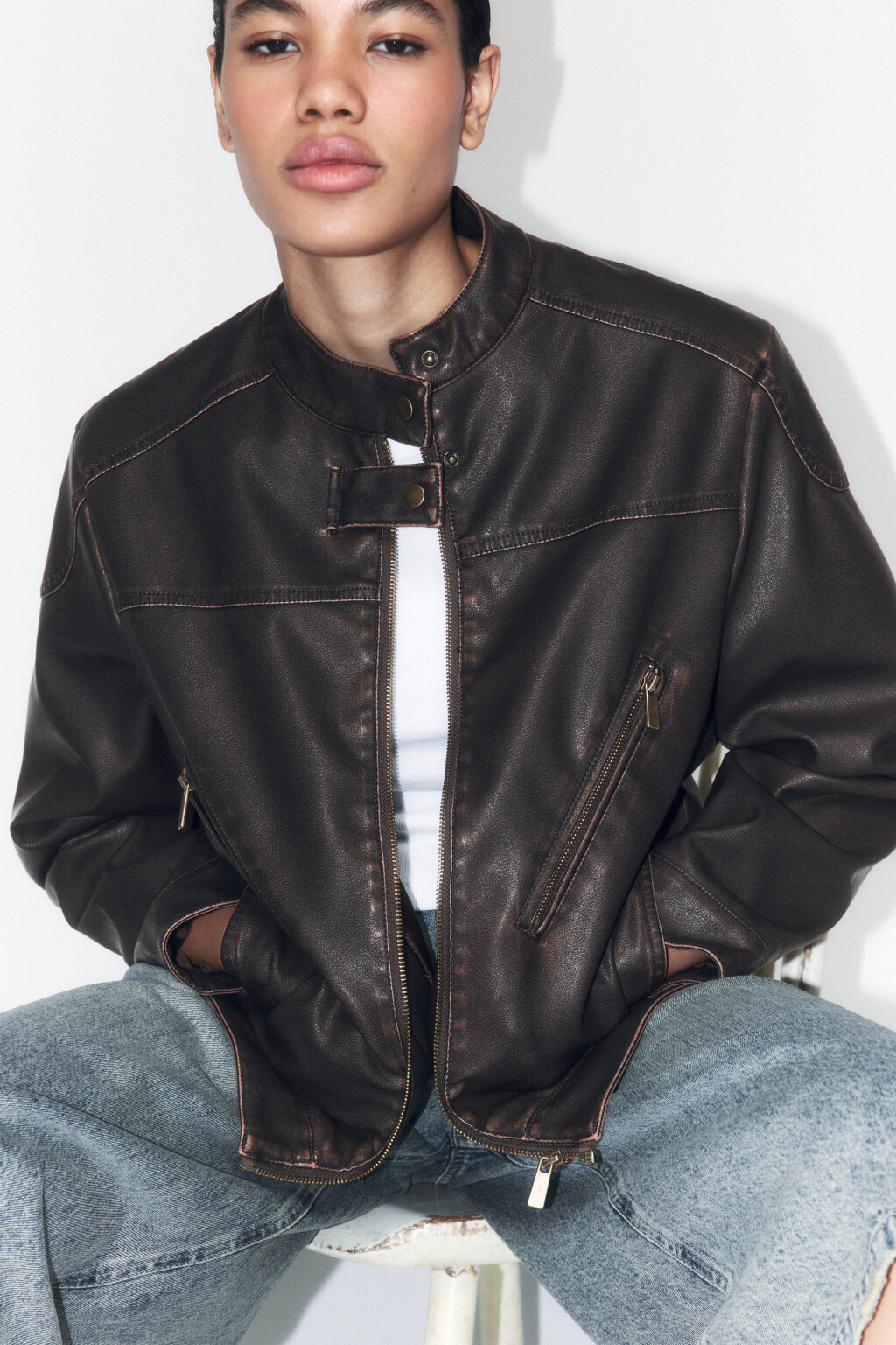 Куртка из искусственной кожи в байкерском стиле - цвет коричневый - 1